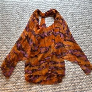 Diane Von Furstenberg Asymmetrical Orange and Purple Long Sleeve Blouse
